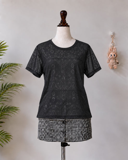 Black Sheer Patterned Short Sleeve Top