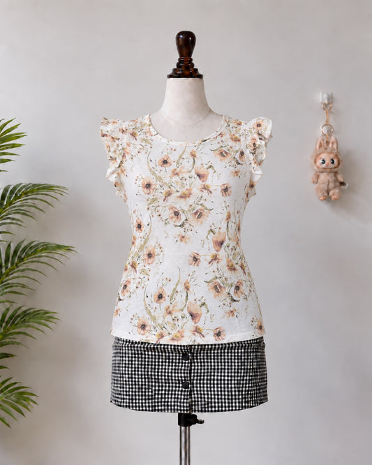 White Floral Ruffle Sleeve Top
