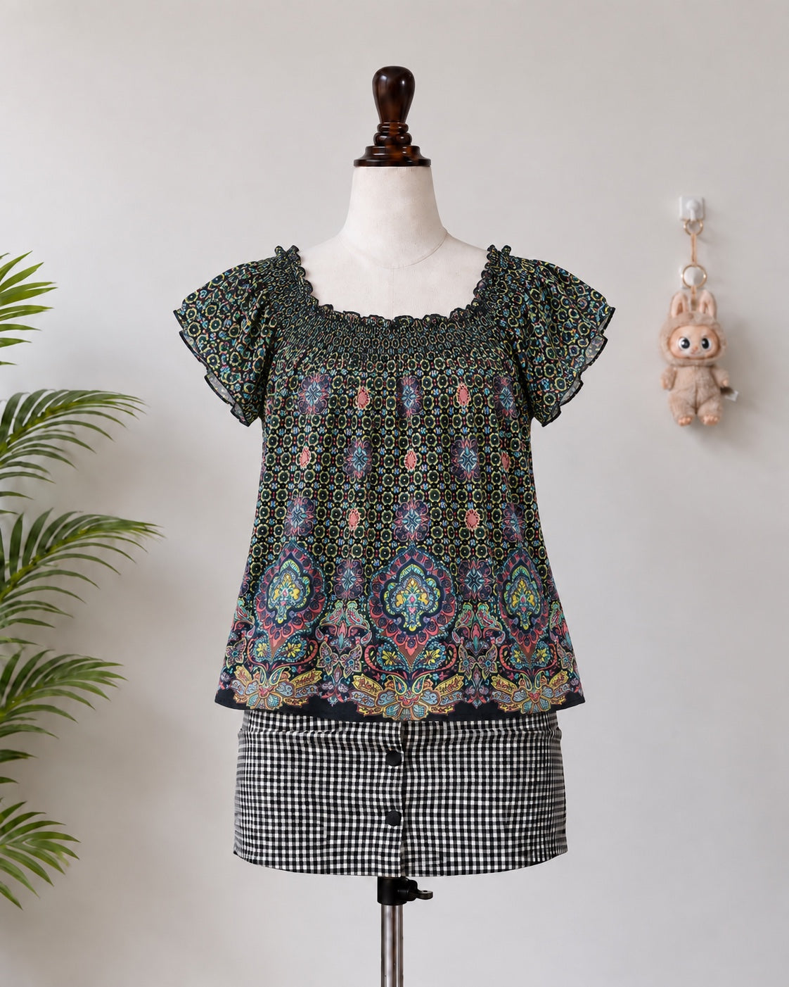 Multicolor Printed Smocked Neck Top