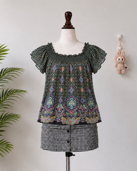 Multicolor Printed Smocked Neck Top