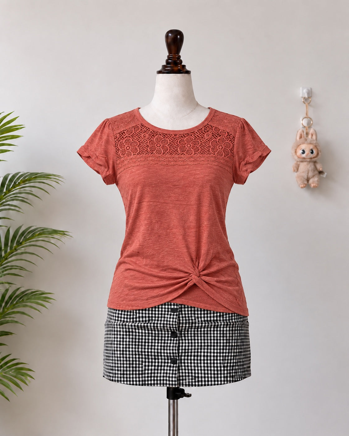 Rust Lace Panel Twist Front Top