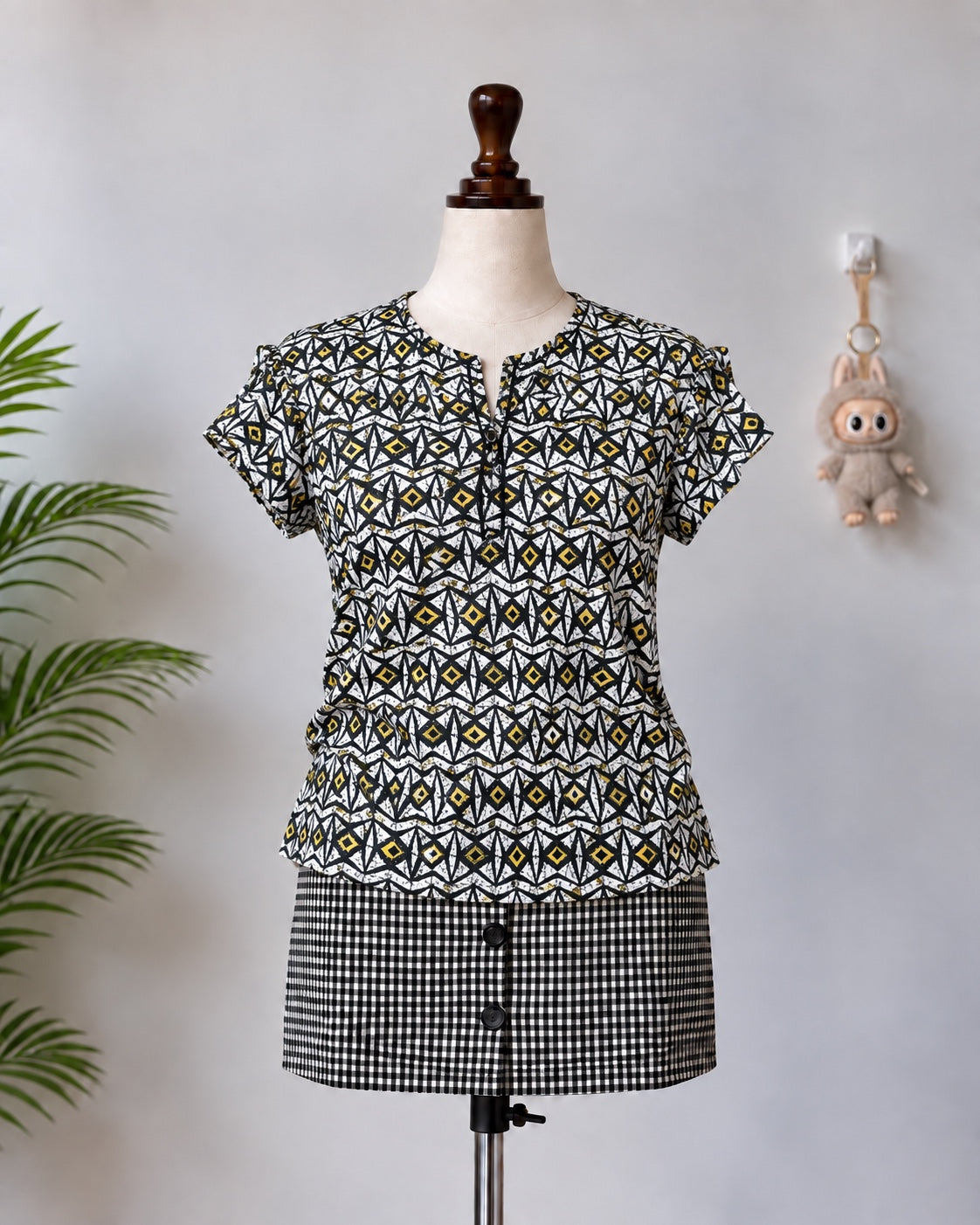 Black White Mustard Geometric Peplum Top