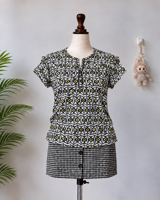 Black White Mustard Geometric Peplum Top