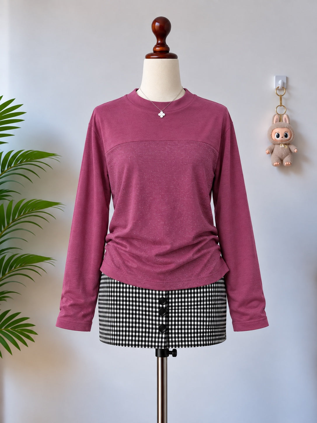 Mauve glitter panel long sleeve top front
