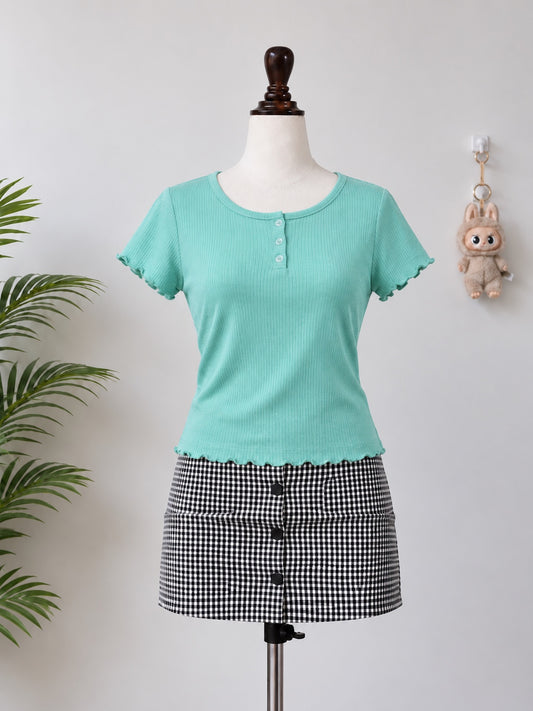 Mint Ribbed Button Short Sleeve Top