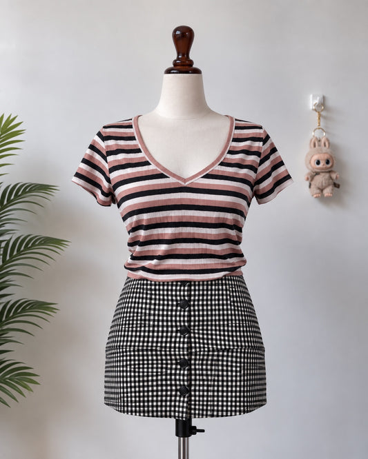 Pink Black White Striped V-Neck Top
