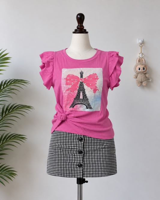 Pink Eiffel Bow Ruffle Sleeve Top