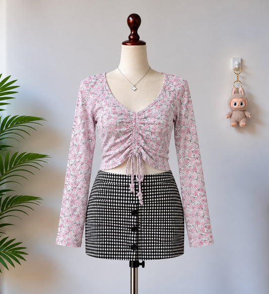 Pink floral ruched long sleeve crop top