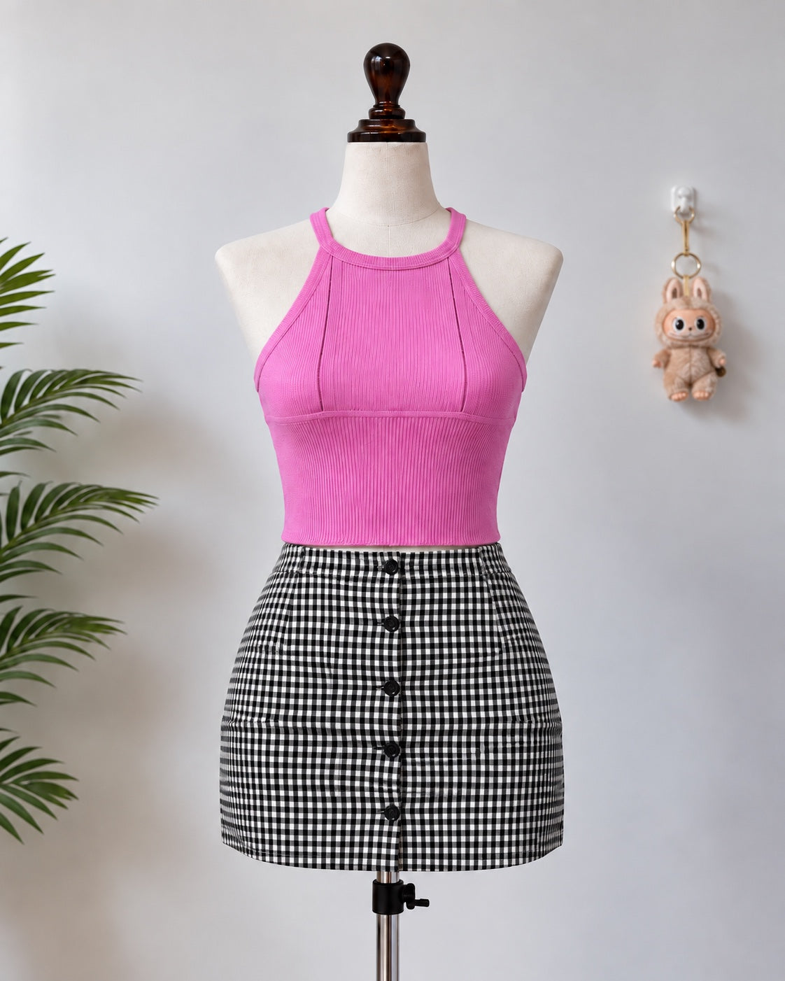 Pink ribbed halter crop top front