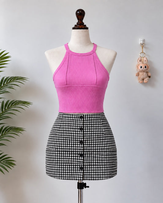 Pink ribbed halter crop top front