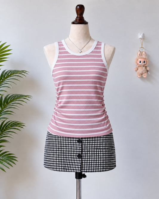 Pink and white striped ribbed tank top