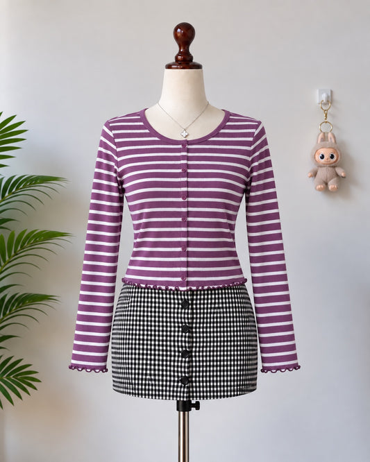 Purple and white striped button front long sleeve top