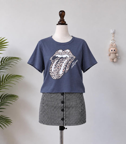 Grey Rolling Stones leopard graphic tee