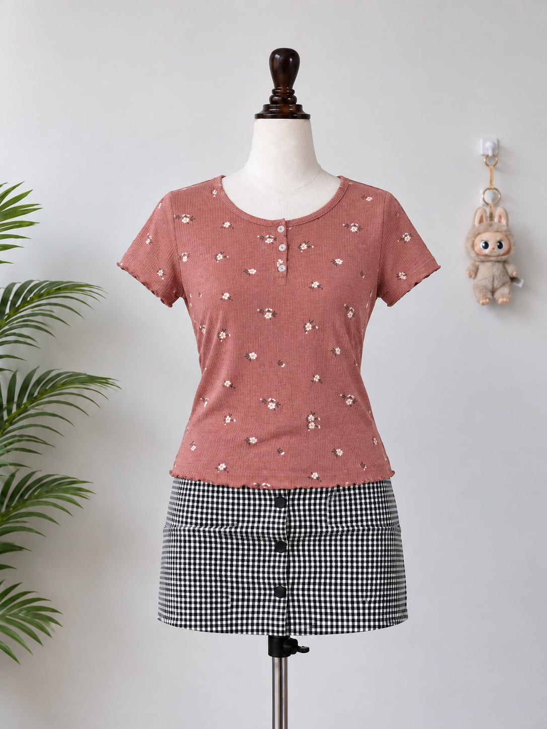 Rust Floral Button Short Sleeve Top
