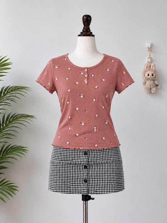 Rust Floral Button Short Sleeve Top