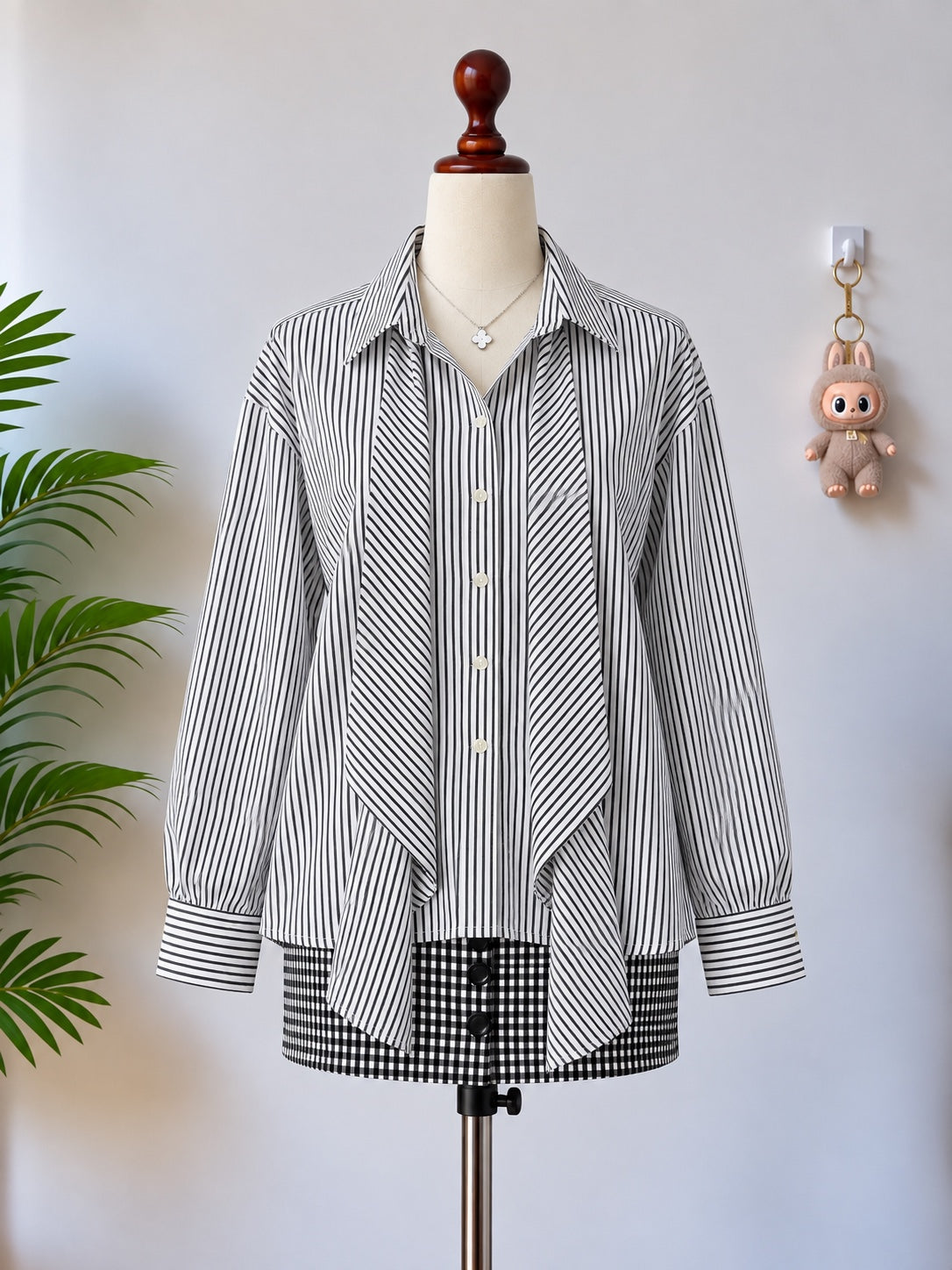 Black and white striped drape shirt front