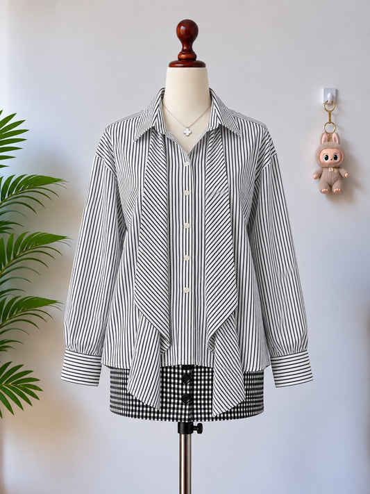 Black and white striped drape shirt front