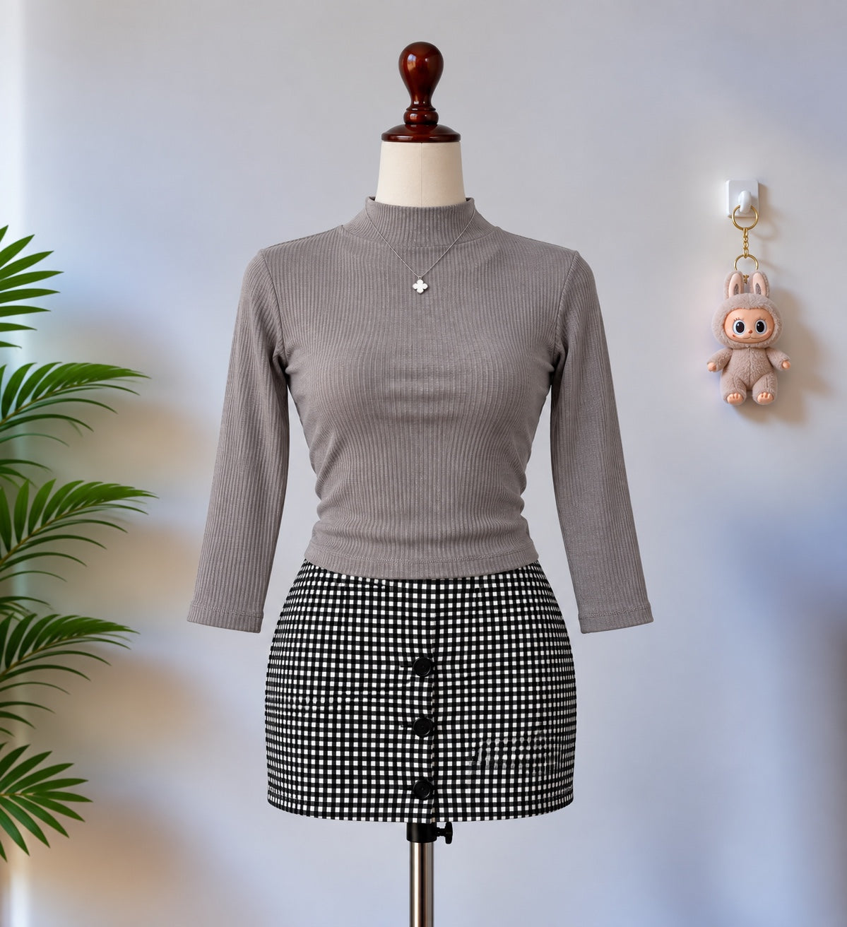 Taupe Ribbed Mock Neck Three Quarter Sleeve Top
