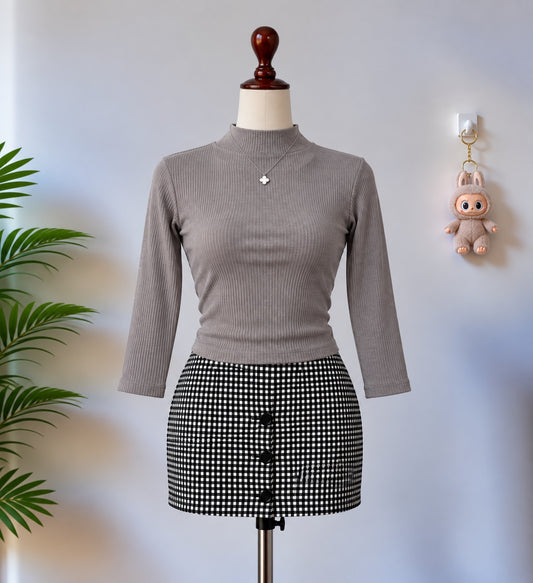 Taupe Ribbed Mock Neck Three Quarter Sleeve Top
