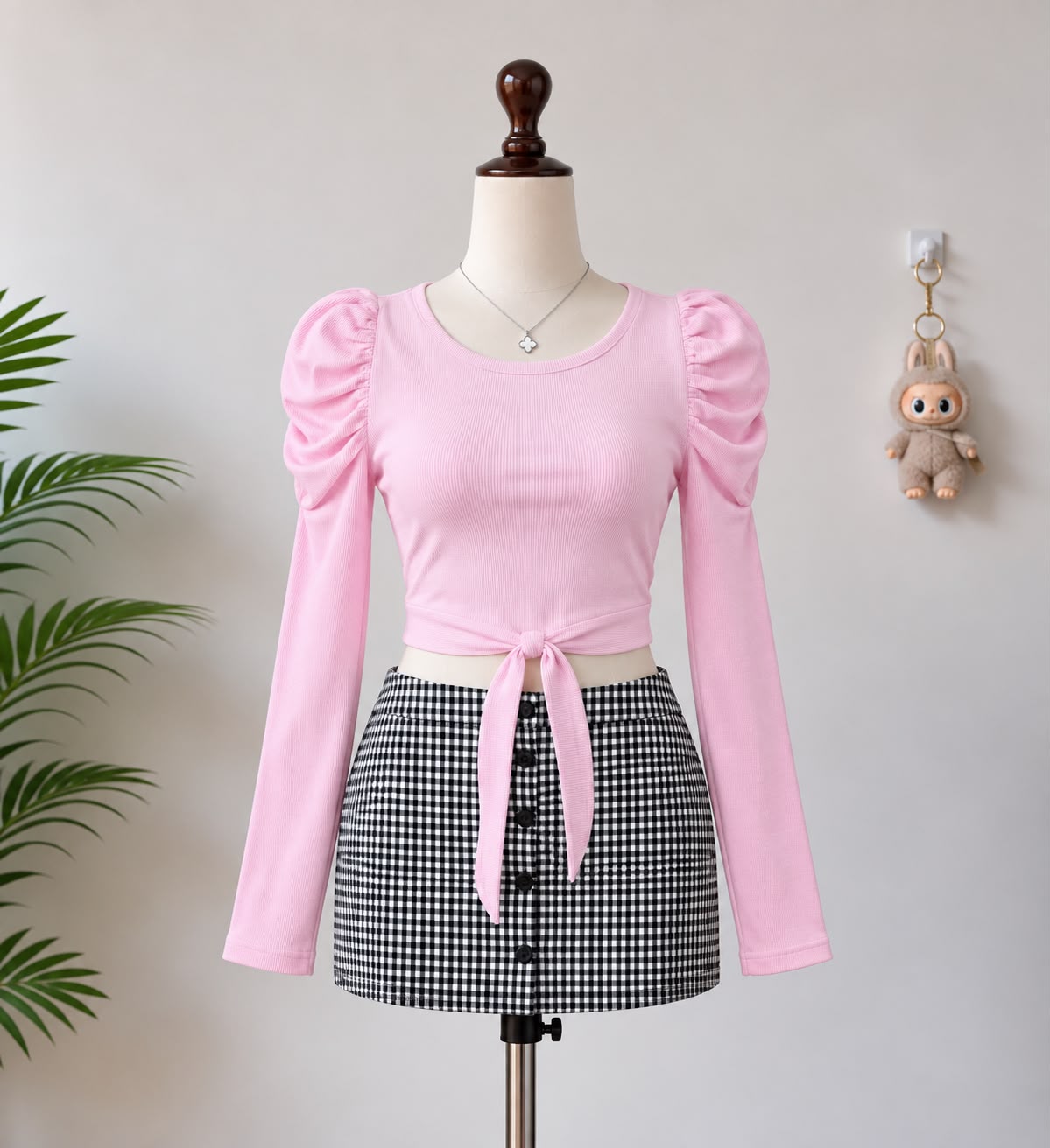 Pink tie front top on Lucky Girl mannequin