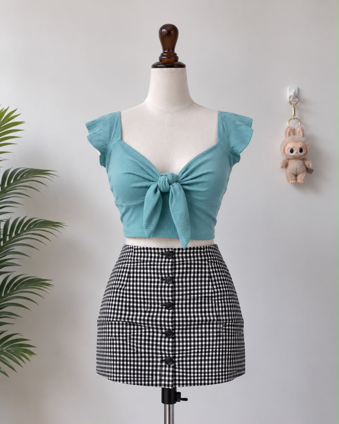 Teal bow top on Lucky Girl mannequin